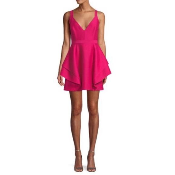 Halston Heritage Magenta Dramatic Flounce Mini Dress - 0 - Picture 1 of 8